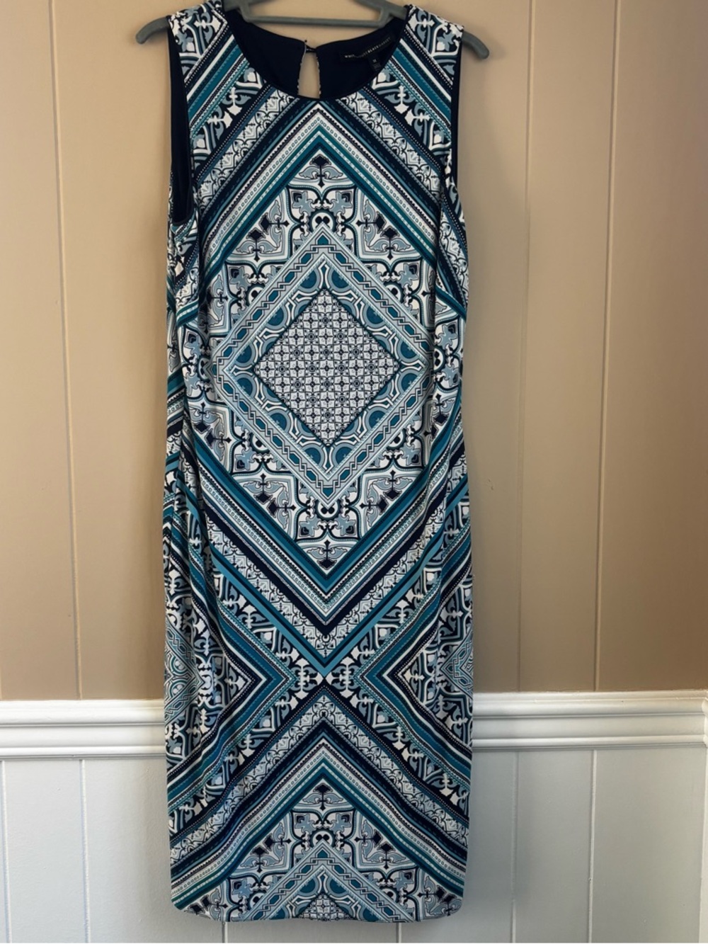 White House Black Market Geometric Sheath Dress | Navy & Teal | Size Medium NWOT